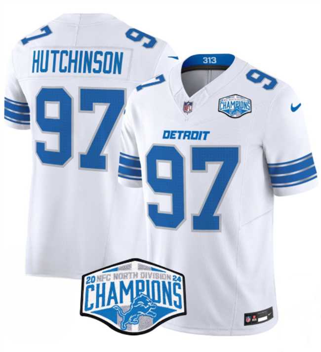 Mens Detroit Lions #97 Aidan Hutchinson White 2024 NFC North Champions F.U.S.E. Vapor Limited Stitched Jersey
